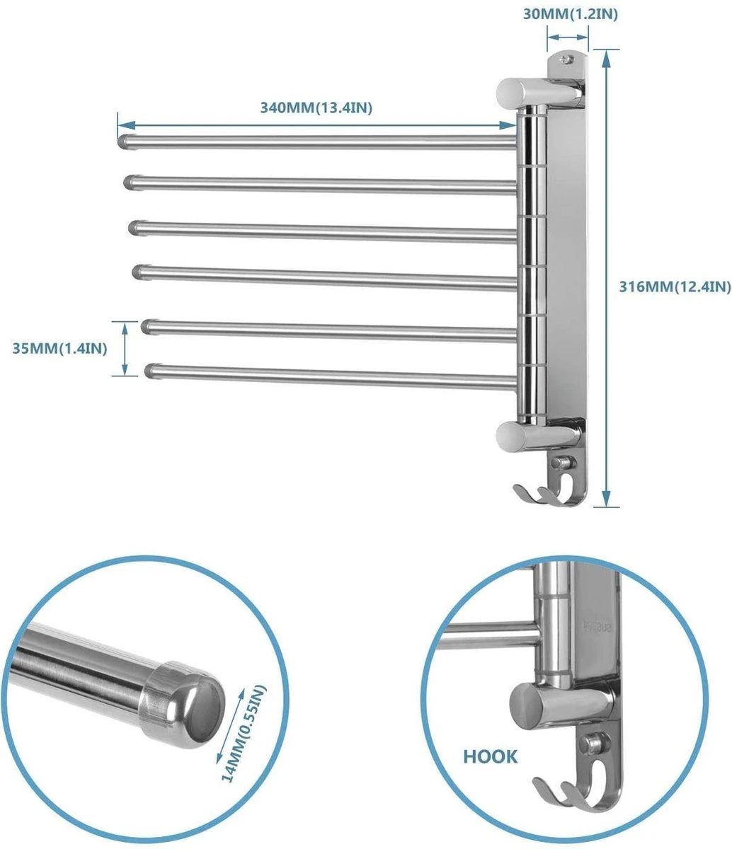 Handdokenrek Badkamer - Handdoekhouder RVS 180° Draaibare Badhanddoekhouder Met 6 Armen Zwenkarm Handdoekenrek Wandmontage Met Haken Badkamerhanddoekhouders Voor Badkamer, Keuken En Kledingkast - (WK 02123) - Afbeelding 3