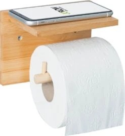 JoFlow® Toiletrolhouder Met Plankje | Wc Rolhouder Staand | Bamboe Badkamer Accessoires | Montage Met Schroeven En/of 3M Plakstrips