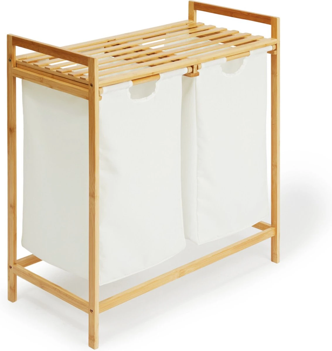 Lifa Bathing Bamboe Rek Met Wasmanden - Polyester En Bamboe - Uitschuifbare Opbermanden Met Deksel - Wassorteerbak 60 Liter - 2 Vakken - Voor Badkamer, Slaapkamer En Wasruimte - 73 X 64 X 33 Cm - Afbeelding 2