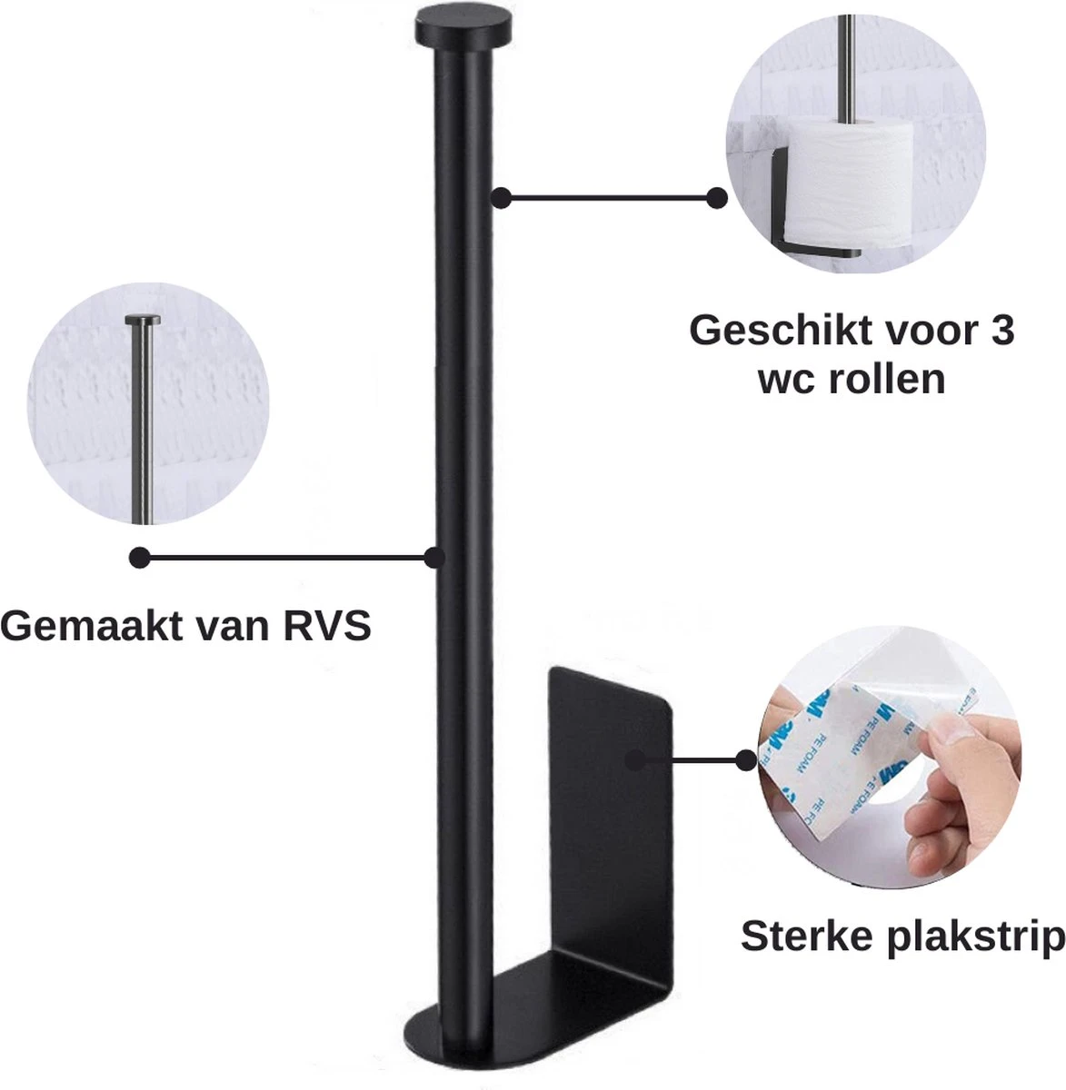 Wc Rolhouder Zonder Boren Toiletrolhouder Reserverolhouder 3 Rollen - Zwart - Badkamer Accessoires - RVS - Hangend - Afbeelding 4