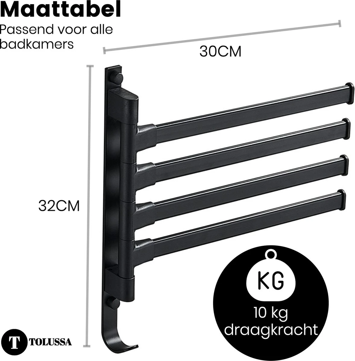 Tolussa Handdoekrek Badkamer Zwart - 30 CM - Handdoekhouder Zwart - Handdoekenrek Badkamer - Draaibaar - Afbeelding 2