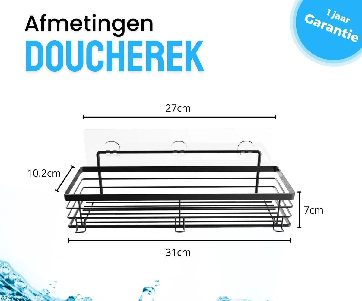 RVS Doucherek Zelfklevend Zonder Boren Zwart - Douchemandje Met 15KG Draagvermogen - Planchet Badkamerrek - Shower Rack - 31x10cm - Afbeelding 3