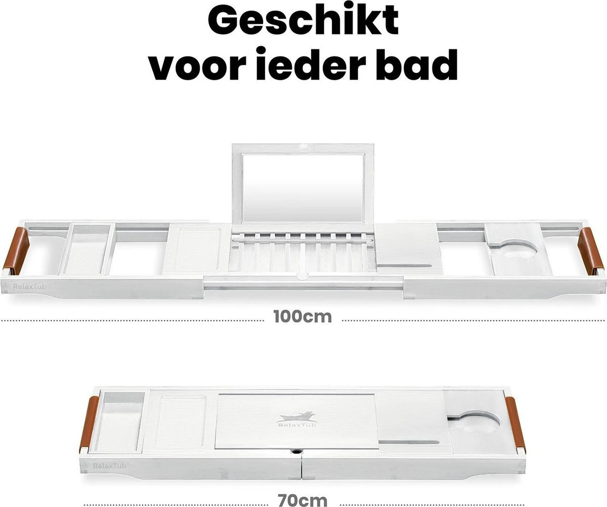 RelaxTub® Badplank - Badplank Voor In Bad - Badrek - Verstelbaar - Anti Slip - Badplank Wit - Badplank Hout - Badrekje Inclusief Boekenhouder, Tablethouder & Spiegel - Afbeelding 6