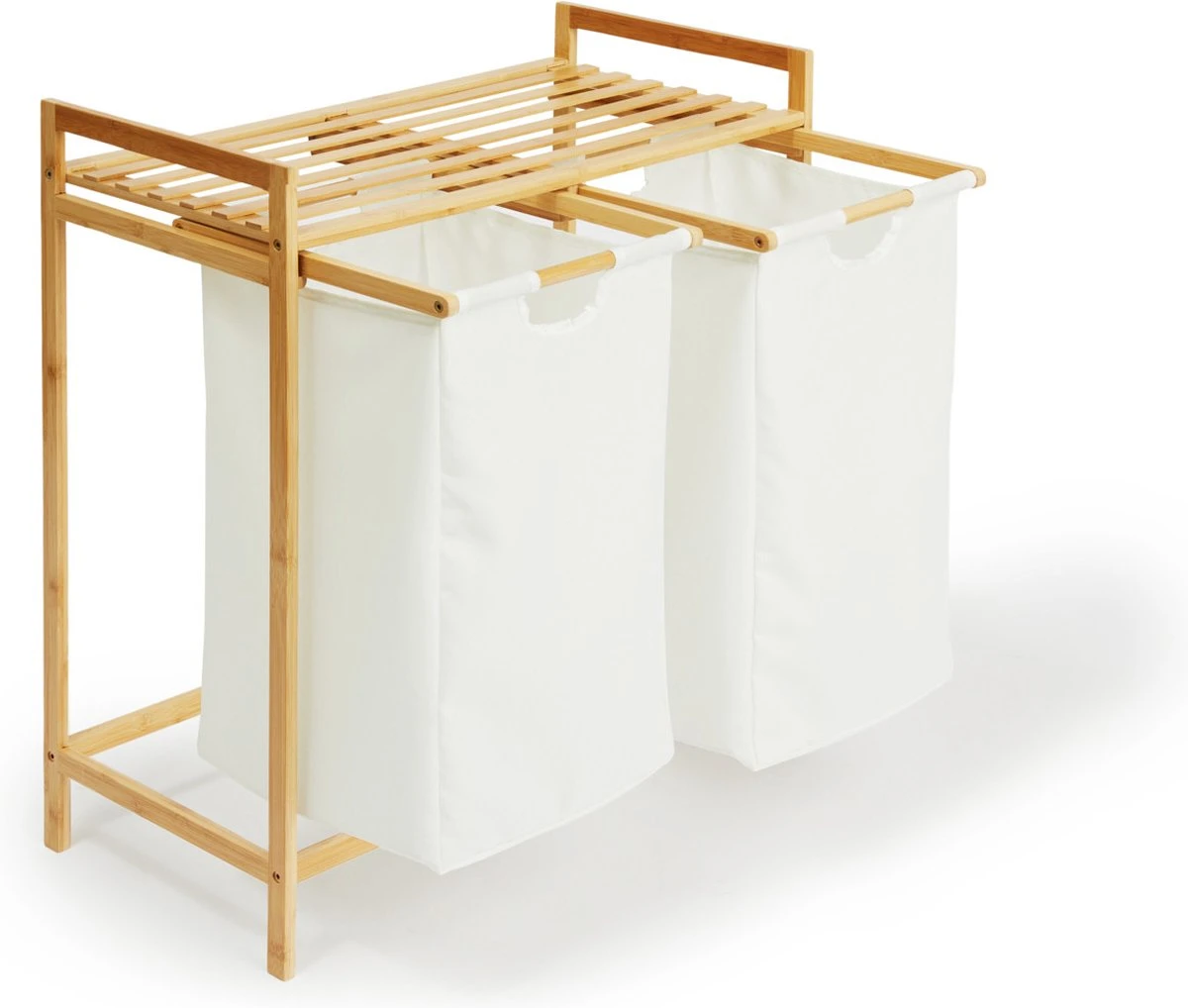 Lifa Bathing Bamboe Rek Met Wasmanden - Polyester En Bamboe - Uitschuifbare Opbermanden Met Deksel - Wassorteerbak 60 Liter - 2 Vakken - Voor Badkamer, Slaapkamer En Wasruimte - 73 X 64 X 33 Cm - Afbeelding 4