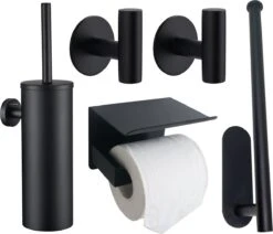 Toiletset Zwart 4-delig - Toiletaccessoireset - Toiletborstelhouder - Toiletrolhouder - Reserverolhouder - Handdoekhaakjes - RVS - Toilet Accessoires Set - Badkamer