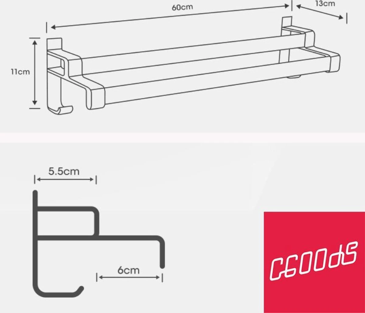 Merkloos Cgoods Handdoekrek Dubbele Stang Zonder Boren - Handdoekrek Badkamer - Handdoekhouder - Handdoekstang - 60CM - Afbeelding 3