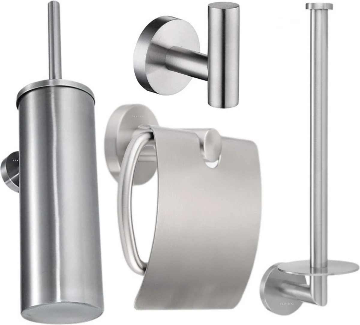 Toiletaccessoireset RVS 4-delig - Luxe Toilet Set - Toiletborstel Met Houder - Toiletrolhouder Met Klep - Reserverolhouder - Handdoekhaak - Zilver - Toiletset