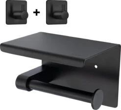 Toiletrolhouder Met Telefoonhouder - Zelfklevend / Boren / Zonder Boren - Incl. Handdoekhaakjes - WC Rolhouder - Zwart