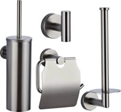 Toiletaccessoireset Gun Metal 4-delig - Luxe Toilet Set - Toiletborstel Met Houder - Toiletrolhouder Met Klep - Reserverolhouder - Handdoekhaak - Gunmetal Badkamer Accessoires