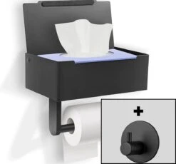 SHATY® WC Rolhouder - Toiletrolhouder - Opbergvak - Bakje - Plankje - Zonder Boren- WC Papier Houder - Toilet Papier Houder - Zwart - Badkameraccessoire - Toiletaccessoire - Inclusief Handoekhaak