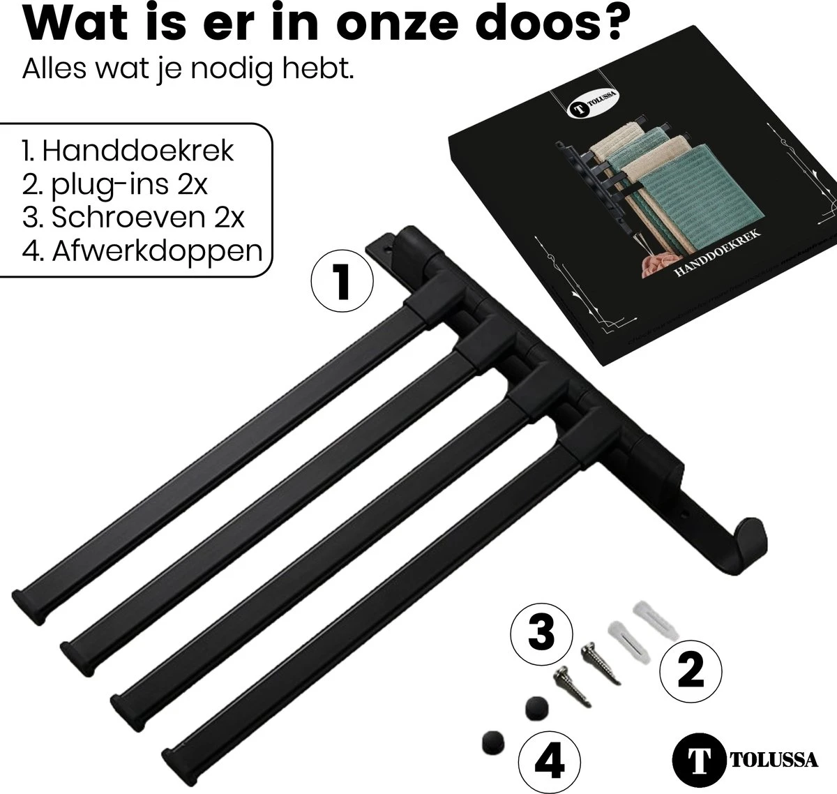 Tolussa Handdoekrek Badkamer Zwart - 30 CM - Handdoekhouder Zwart - Handdoekenrek Badkamer - Draaibaar - Afbeelding 8