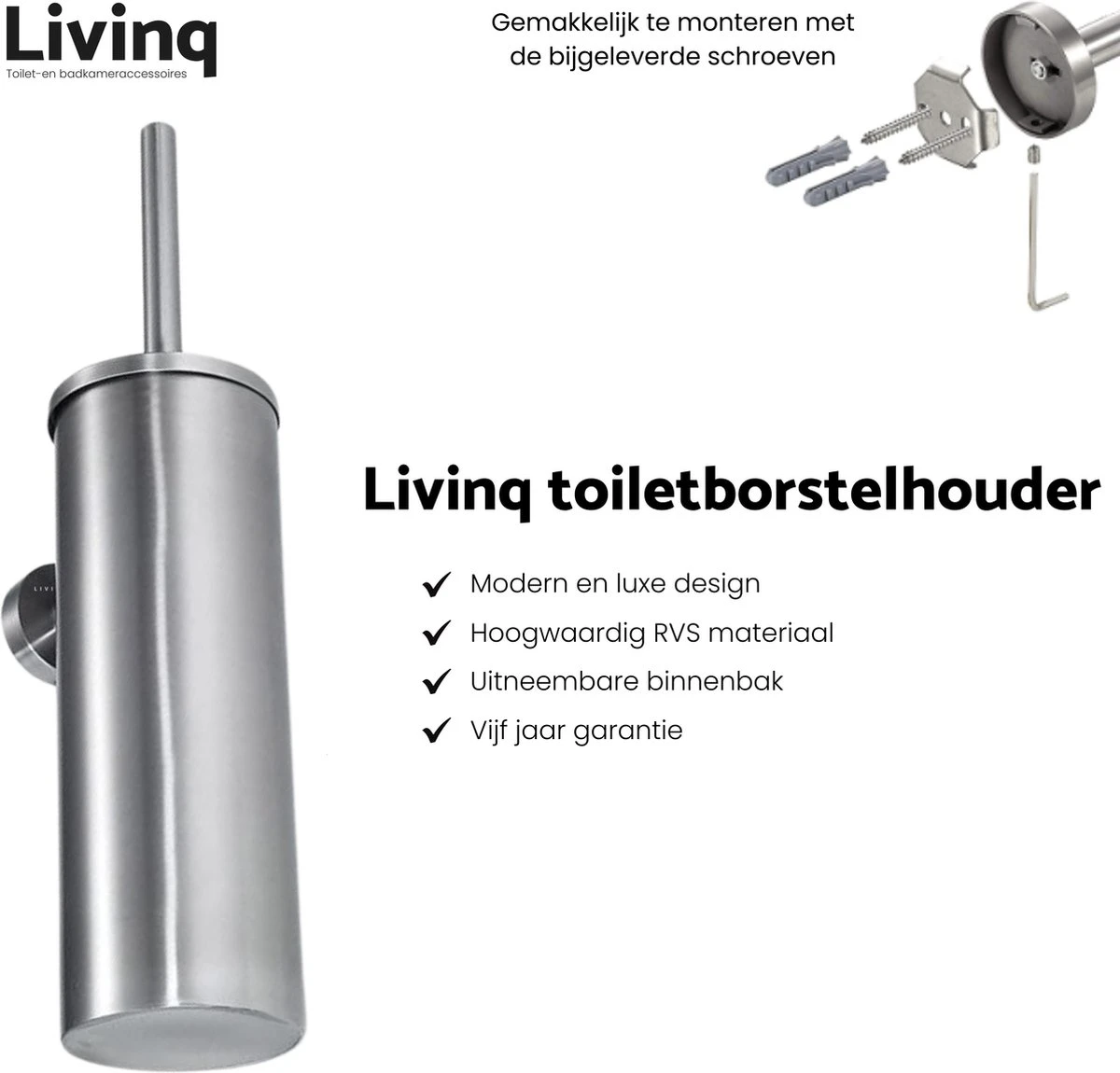 Toiletaccessoireset RVS 4-delig - Luxe Toilet Set - Toiletborstel Met Houder - Toiletrolhouder Met Klep - Reserverolhouder - Handdoekhaak - Zilver - Toiletset - Afbeelding 2