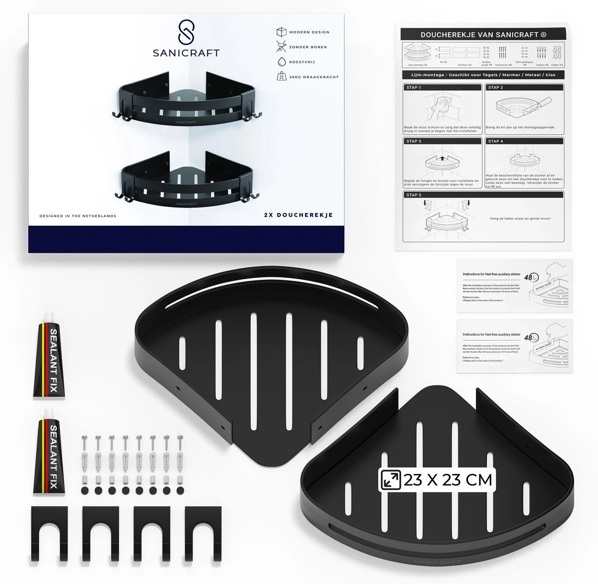 Sanicraft® Doucherekje - Doucherekje Zonder Boren - Geschikt Voor Elk Type Muur - Doucherekje Hangend - Doucheplank - Doucherekje Hoek - Doucherekje Zwart - Afbeelding 5