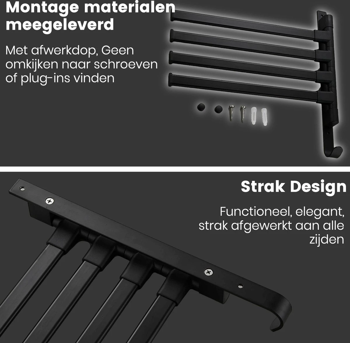 Tolussa Handdoekrek Badkamer Zwart - 30 CM - Handdoekhouder Zwart - Handdoekenrek Badkamer - Draaibaar - Afbeelding 13