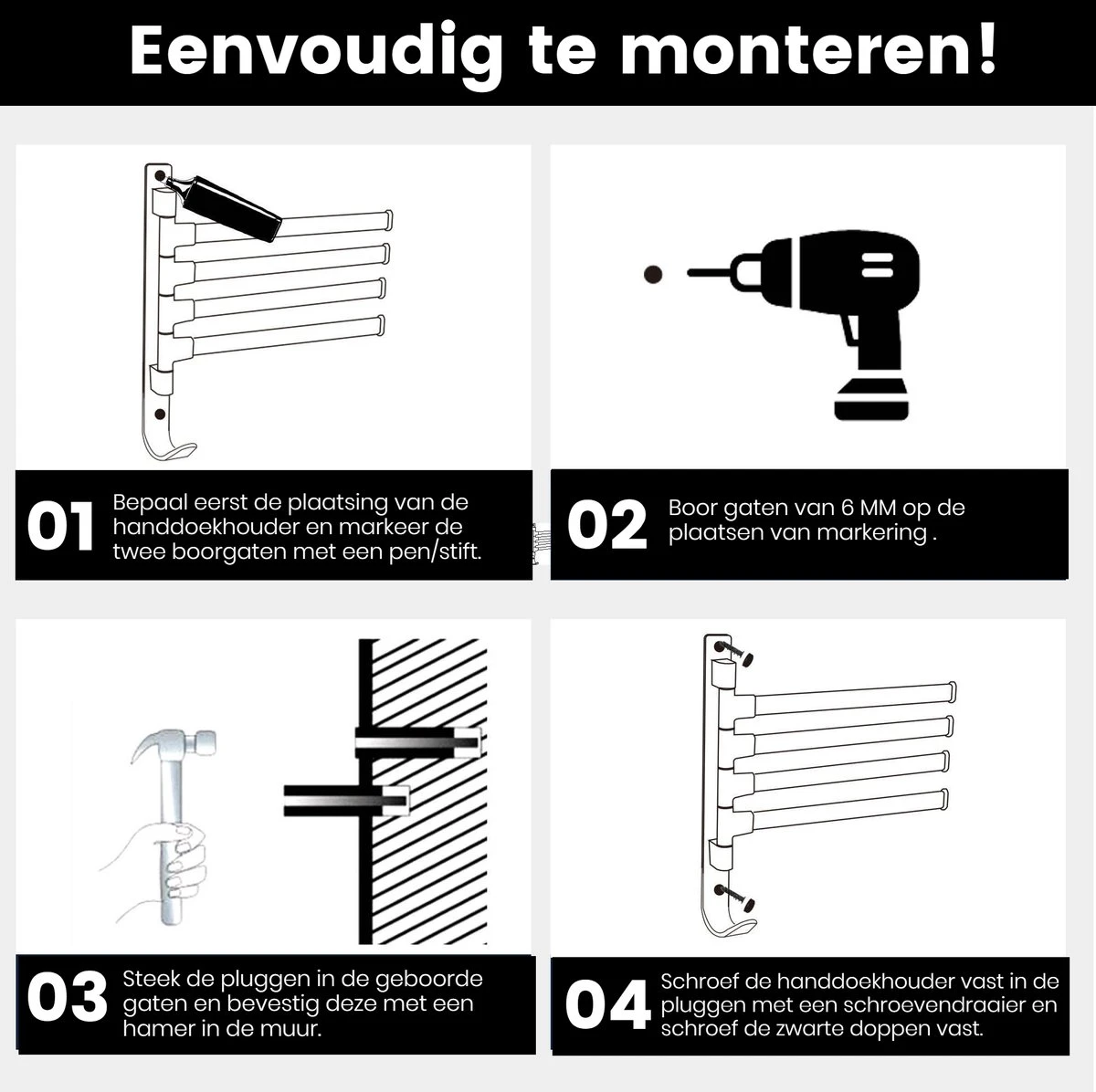 Tolussa Handdoekrek Badkamer Zwart - 30 CM - Handdoekhouder Zwart - Handdoekenrek Badkamer - Draaibaar - Afbeelding 9