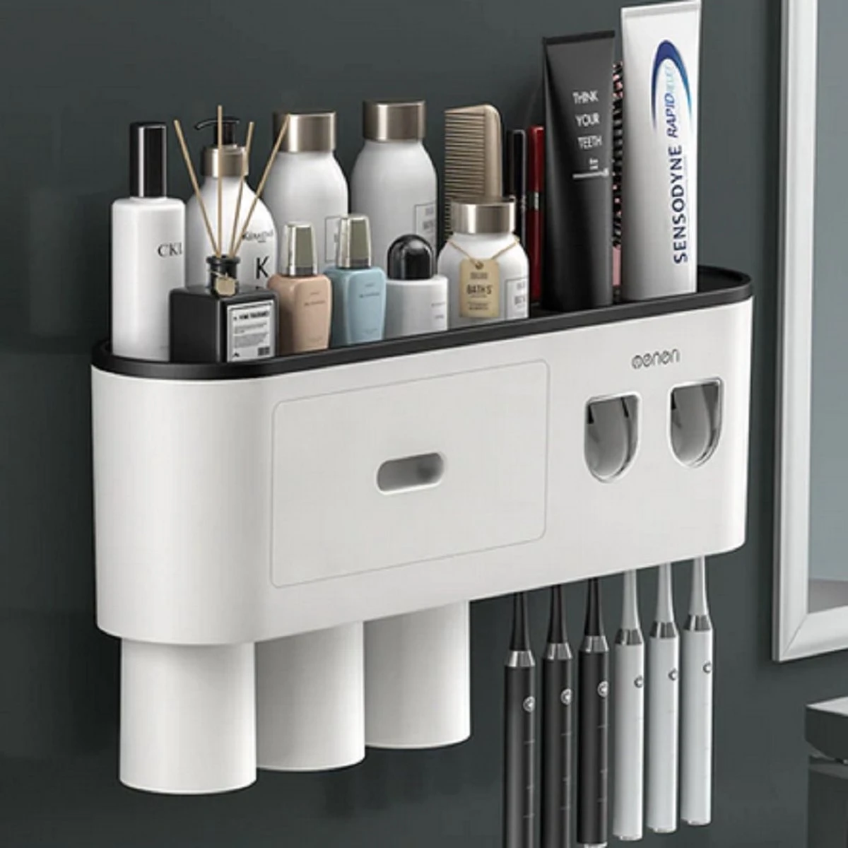 LuxeBass Tandenborstel Organizer | Tandenborstelhouder | Automatisch Tandpasta Dispenser | Met Lade En Opbergvak Voor Badkamer - LB544