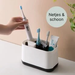 Merkloos Tandenborstelhouder Vrijstaand - Badkamer Organizer Met Lekbak - Badkamer Accessoires - 6 Sorteervakken - Tandenborstel - Wit Met Zwart