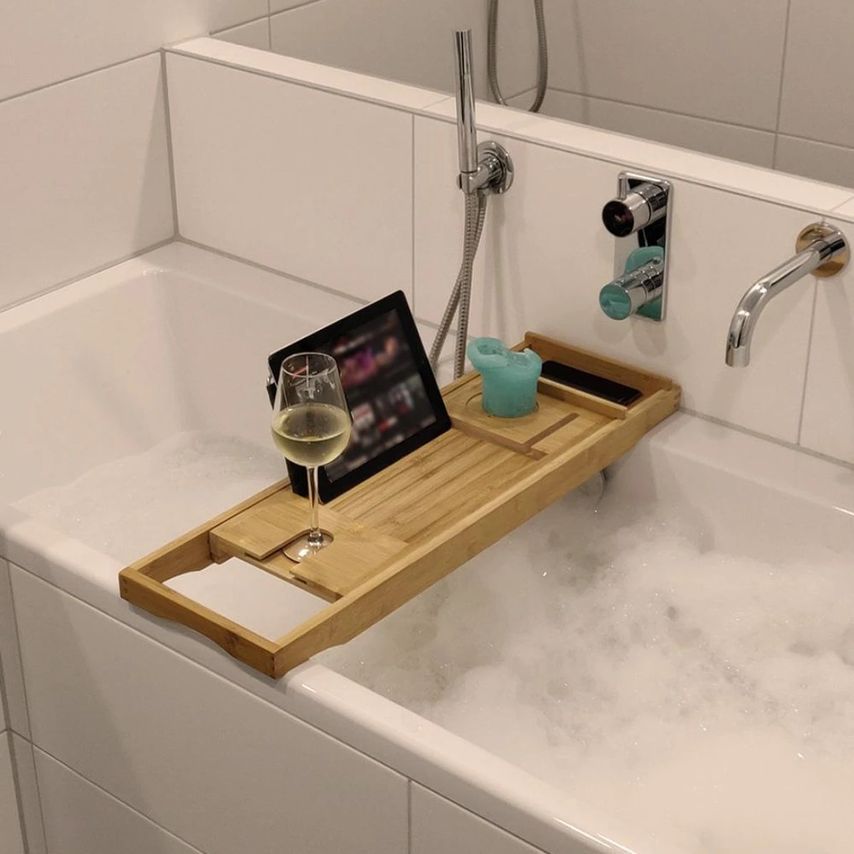 IVOL Badplank Bamboe - Badplank Hout Met Badrek Houders - Uitschuifbaar - 75 Tot 110 Cm - Afbeelding 8