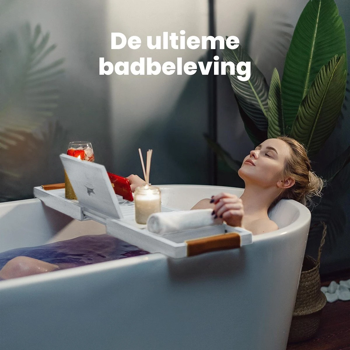 RelaxTub® Badplank - Badplank Voor In Bad - Badrek - Verstelbaar - Anti Slip - Badplank Wit - Badplank Hout - Badrekje Inclusief Boekenhouder, Tablethouder & Spiegel - Afbeelding 4