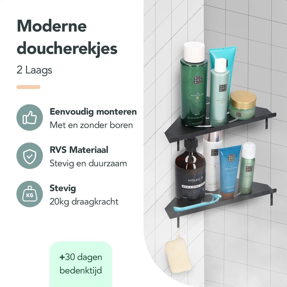 Doucherek - Doucherek Zonder Boren - Doucherekjes - Doucherek Hangend - Doucherekje - Doucherekje Zonder Boren - Doucherek Zwart - Hoek - 2 Stuks - Met Haakjes - Inclusief Montage Materiaal - Hoogwaardig Afgewerkt - EJC Products - Afbeelding 2