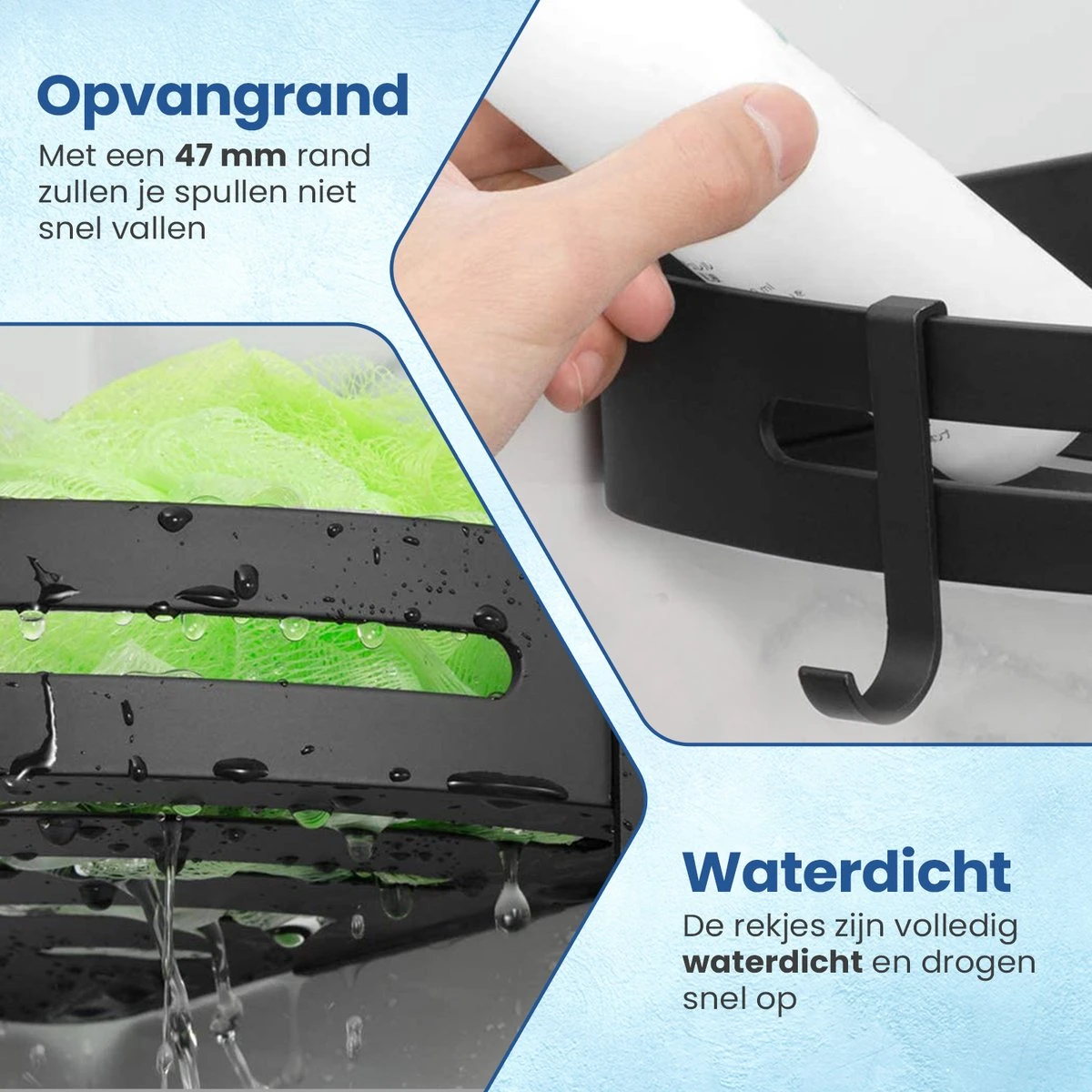 Merkloos Doucherek Zonder Boren – Doucherek – Badkamerrek – Zwart RVS – Zonder Boren – IP68 Waterdicht – 8KG Draagkracht – 2 Stuks - Afbeelding 6