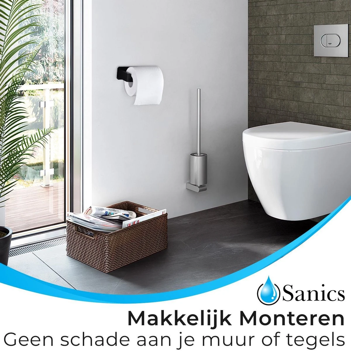 Sanics WC Rolhouder Zonder Boren - Toiletrolhouder Zelfklevend - Closetrolhouder Zwart/RVS - Afbeelding 2