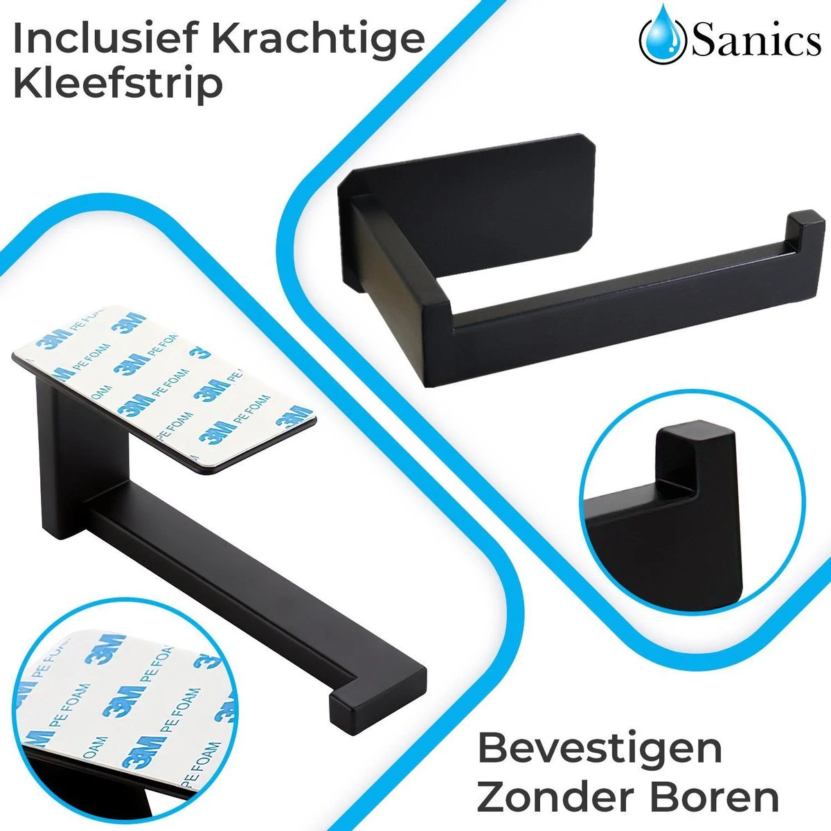 Sanics WC Rolhouder Zonder Boren - Toiletrolhouder Zelfklevend - Closetrolhouder Zwart/RVS - Afbeelding 5