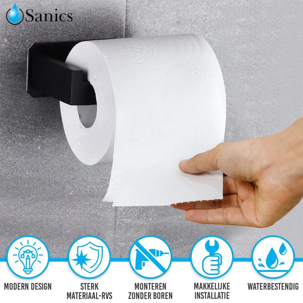 Sanics WC Rolhouder Zonder Boren - Toiletrolhouder Zelfklevend - Closetrolhouder Zwart/RVS - Afbeelding 6