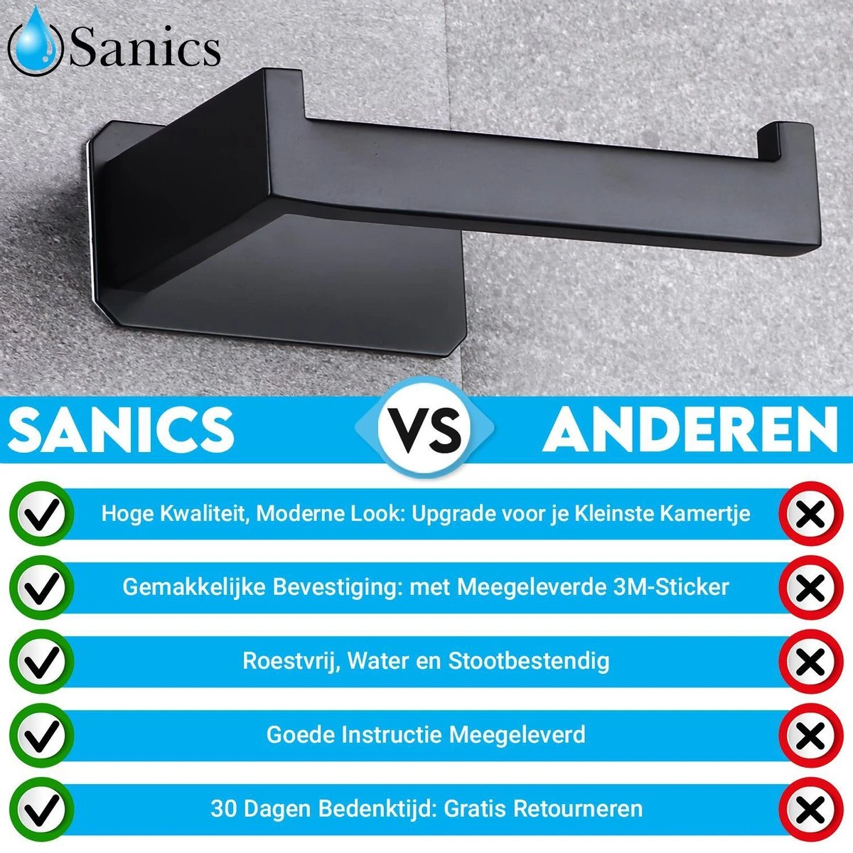 Sanics WC Rolhouder Zonder Boren - Toiletrolhouder Zelfklevend - Closetrolhouder Zwart/RVS - Afbeelding 10