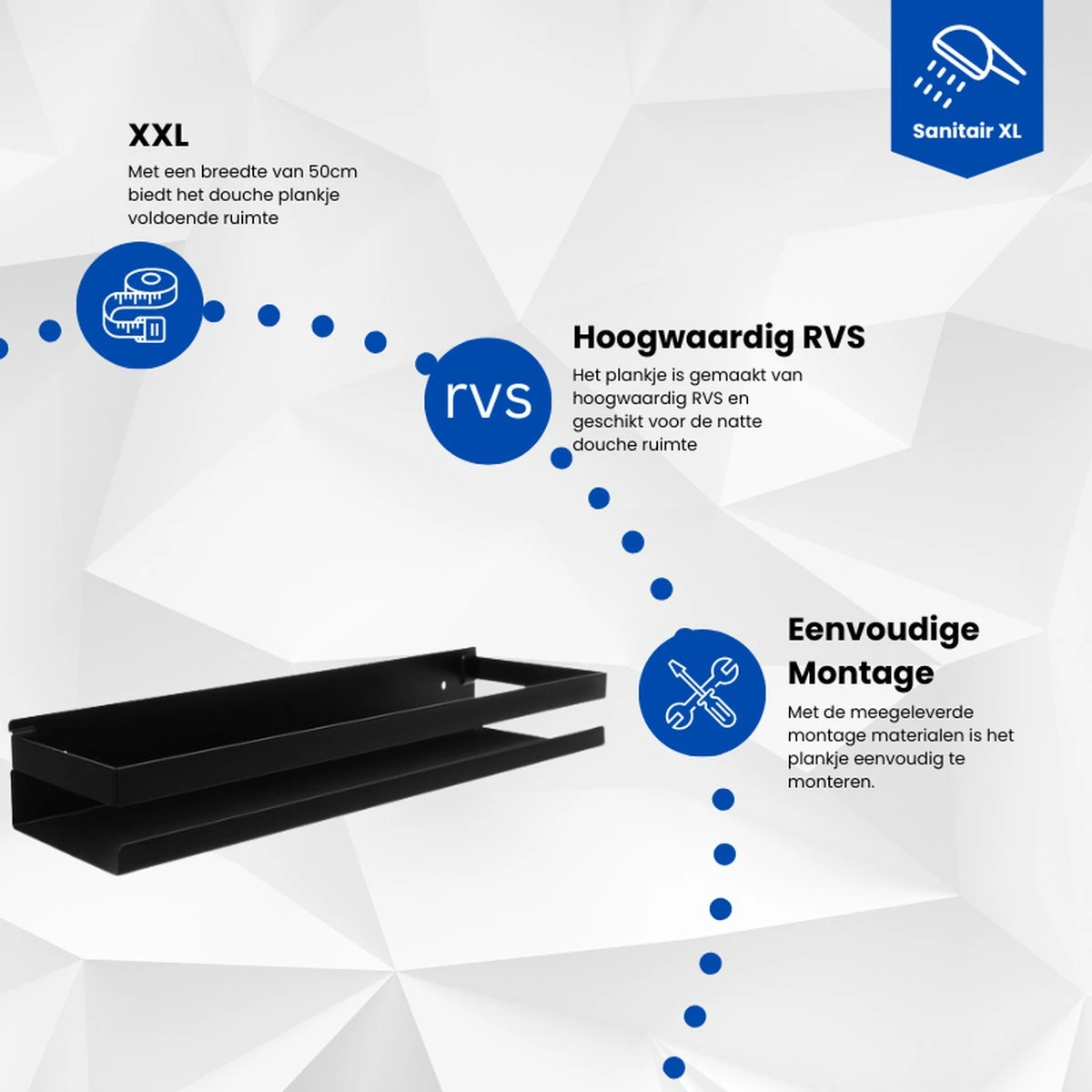 SanitairXL - Doucherek Zwart RVS - 50 Cm Breed - Badkamer Rekje - Douche Rekje - Wandrekje - Hangend Doucherek - Keuken Wandrek - Afbeelding 3