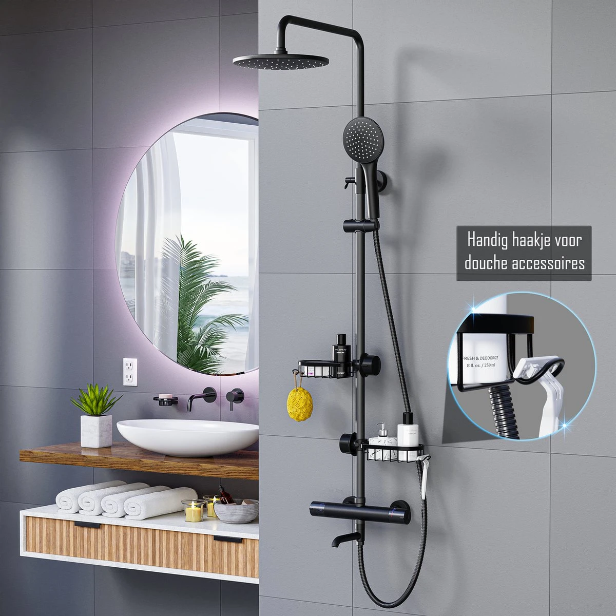 Nolad® - Doucherek Hangend - Doucherek Zonder Boren - Keukenrek - Gootsteen Organizer - Badkamer Accessoires - Zwart - Afbeelding 2