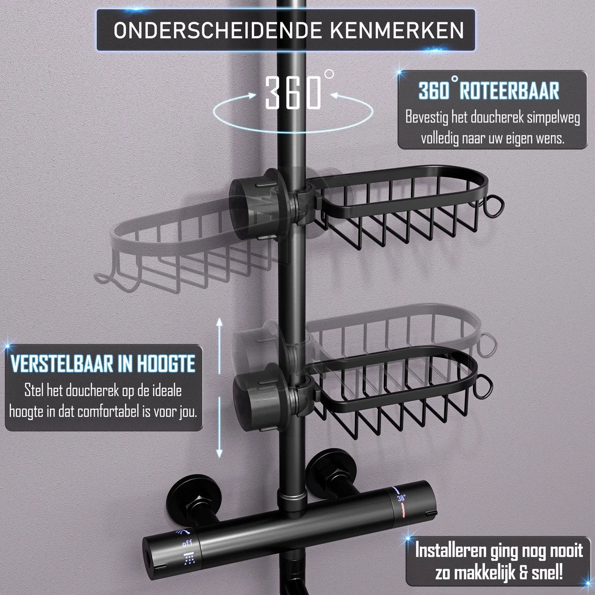 Nolad® - Doucherek Hangend - Doucherek Zonder Boren - Keukenrek - Gootsteen Organizer - Badkamer Accessoires - Zwart - Afbeelding 4