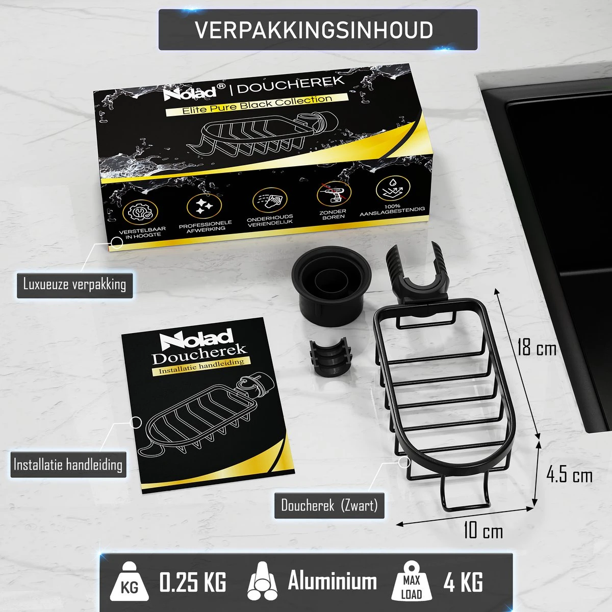 Nolad® - Doucherek Hangend - Doucherek Zonder Boren - Keukenrek - Gootsteen Organizer - Badkamer Accessoires - Zwart - Afbeelding 5