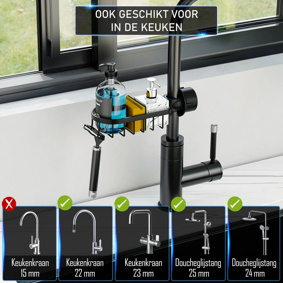 Nolad® - Doucherek Hangend - Doucherek Zonder Boren - Keukenrek - Gootsteen Organizer - Badkamer Accessoires - Zwart - Afbeelding 6