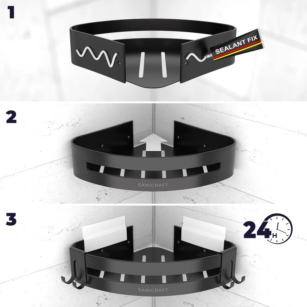 Sanicraft® Doucherekje - Doucherekje Zonder Boren - Geschikt Voor Elk Type Muur - Doucherekje Hangend - Doucheplank - Doucherekje Hoek - Doucherekje Zwart - Afbeelding 8
