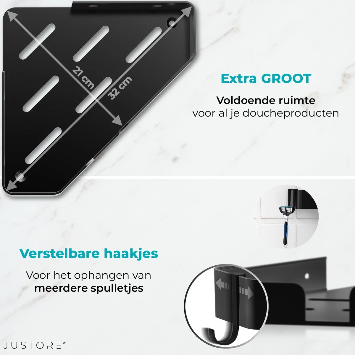 Luxe Doucherek Zonder Boren – 1/2/3 Laags – 32 Cm – Hangend – Aluminium – Zwart - Afbeelding 4