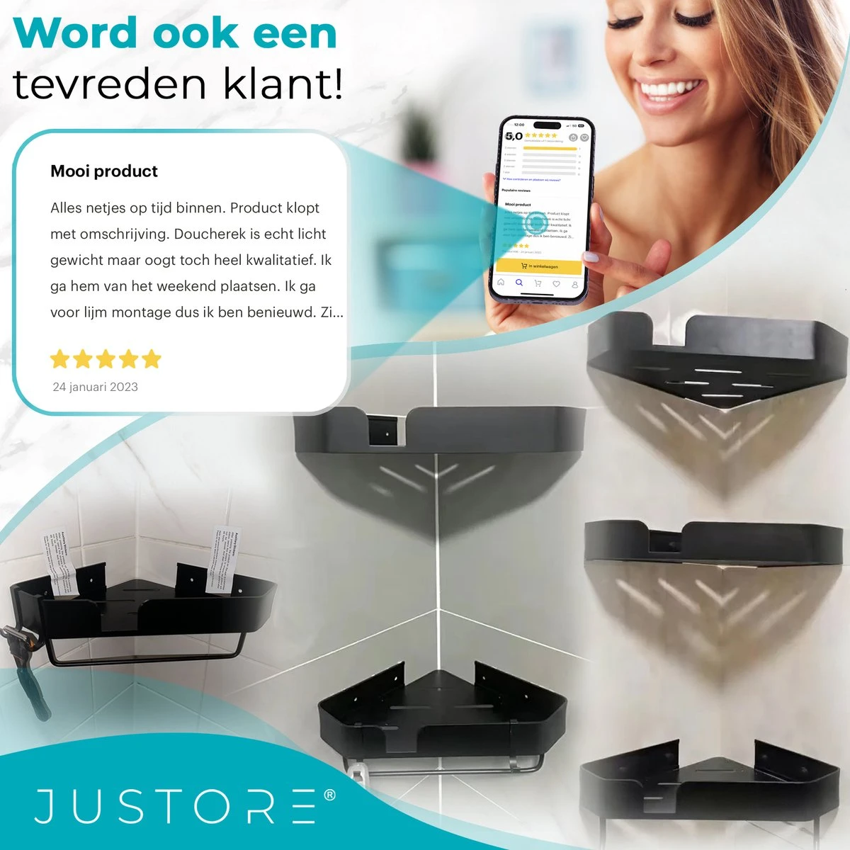 Luxe Doucherek Zonder Boren – 1/2/3 Laags – 32 Cm – Hangend – Aluminium – Zwart - Afbeelding 13