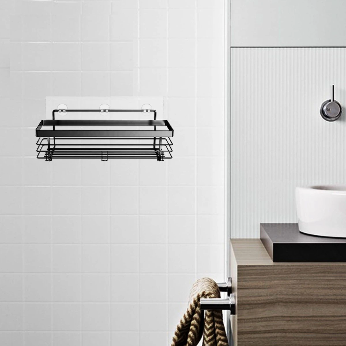 RVS Doucherek Zelfklevend Zonder Boren Zwart - Douchemandje Met 15KG Draagvermogen - Planchet Badkamerrek - Shower Rack - 31x10cm - Afbeelding 5