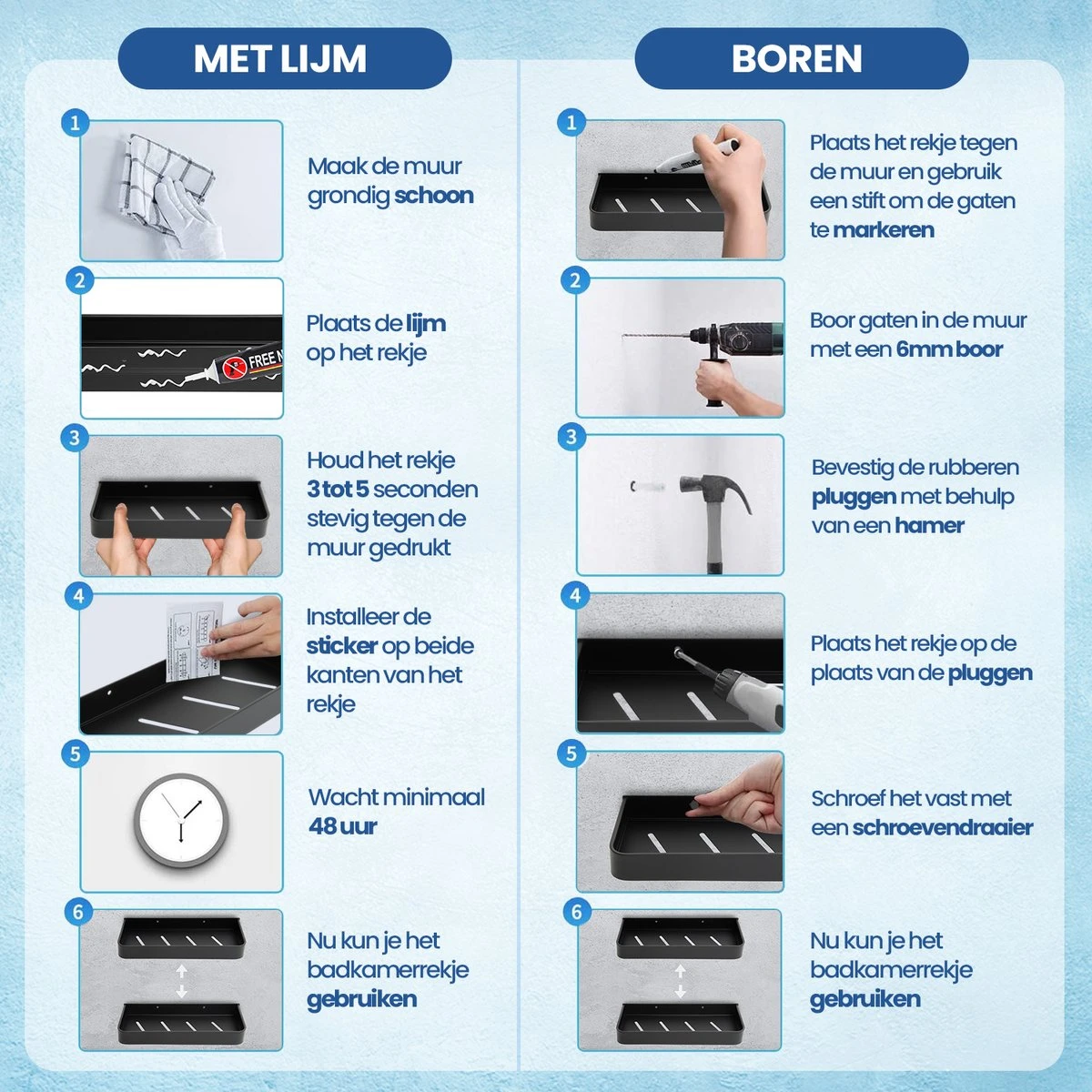 Merkloos Doucherek Zonder Boren 2x 30 Cm – Doucherek – Doucherek Hangend – Badkamerrek – Zonder Boren – IP68 Waterdicht – 4KG Draagkracht – Zwart RVS - Afbeelding 3