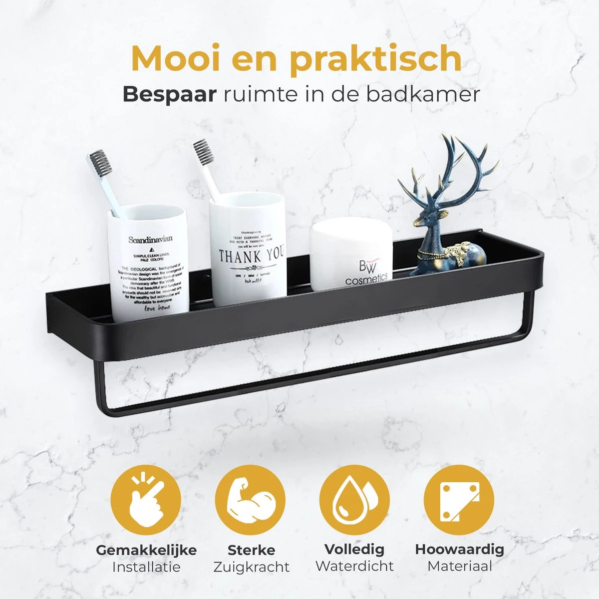 Merkloos Doucherek Zonder Boren 2x 30 Cm – Doucherek – Doucherek Hangend – Badkamerrek – Zonder Boren – IP68 Waterdicht – 4KG Draagkracht – Zwart RVS - Afbeelding 6