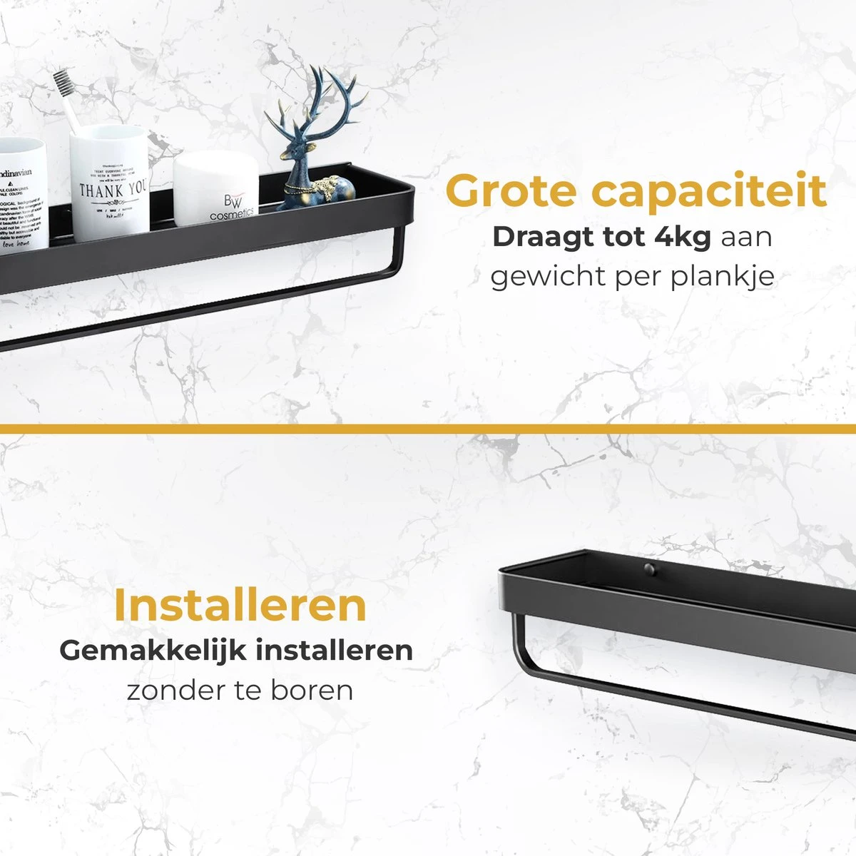 Merkloos Doucherek Zonder Boren 2x 30 Cm – Doucherek – Doucherek Hangend – Badkamerrek – Zonder Boren – IP68 Waterdicht – 4KG Draagkracht – Zwart RVS - Afbeelding 7