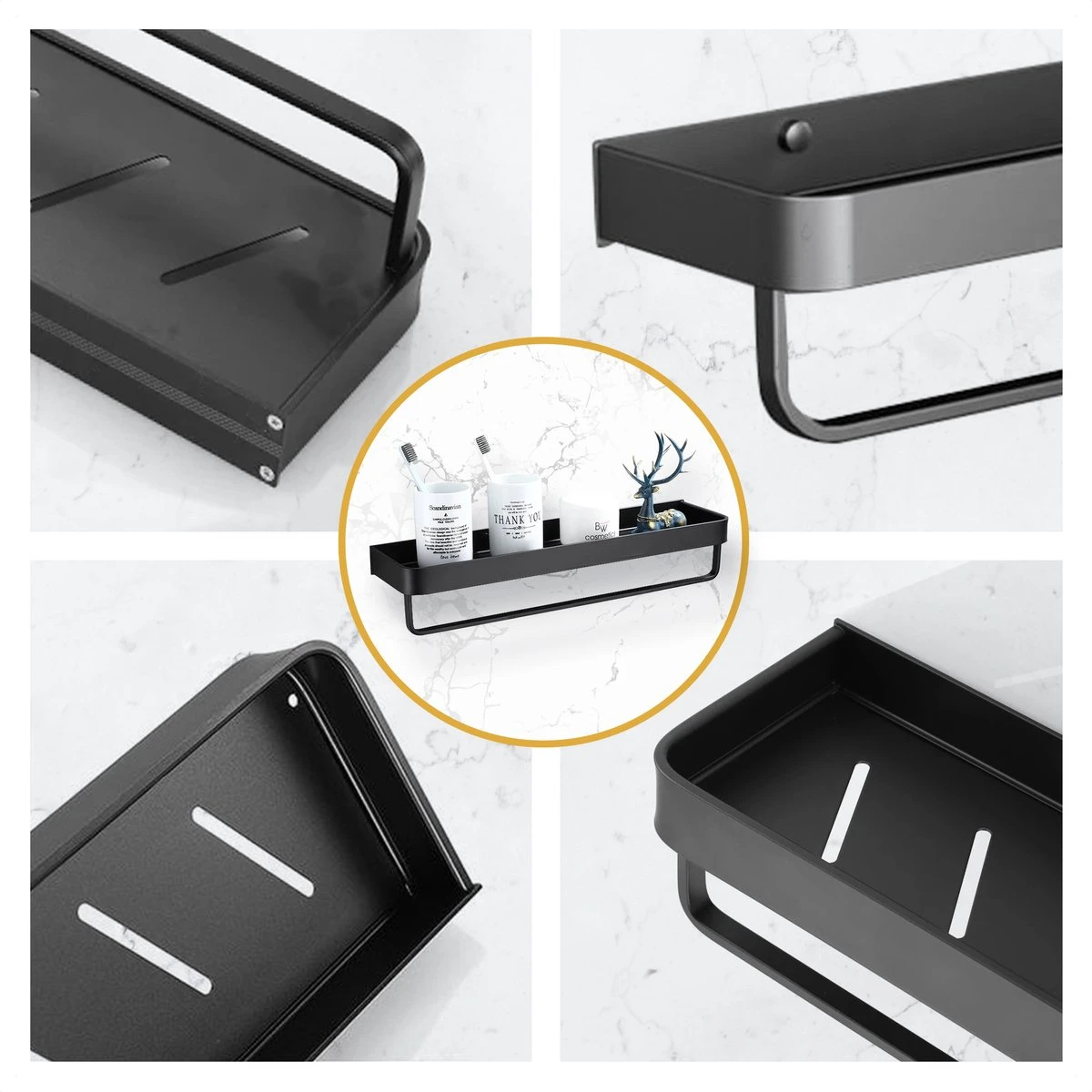Merkloos Doucherek Zonder Boren 2x 30 Cm – Doucherek – Doucherek Hangend – Badkamerrek – Zonder Boren – IP68 Waterdicht – 4KG Draagkracht – Zwart RVS - Afbeelding 8
