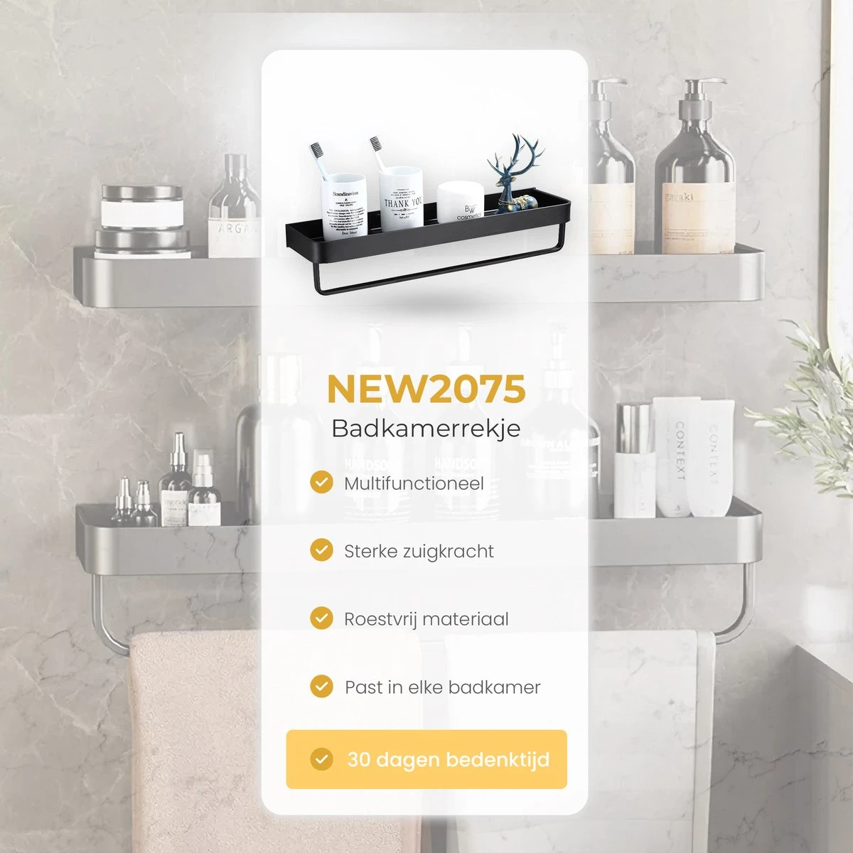 Merkloos Doucherek Zonder Boren 2x 30 Cm – Doucherek – Doucherek Hangend – Badkamerrek – Zonder Boren – IP68 Waterdicht – 4KG Draagkracht – Zwart RVS - Afbeelding 9