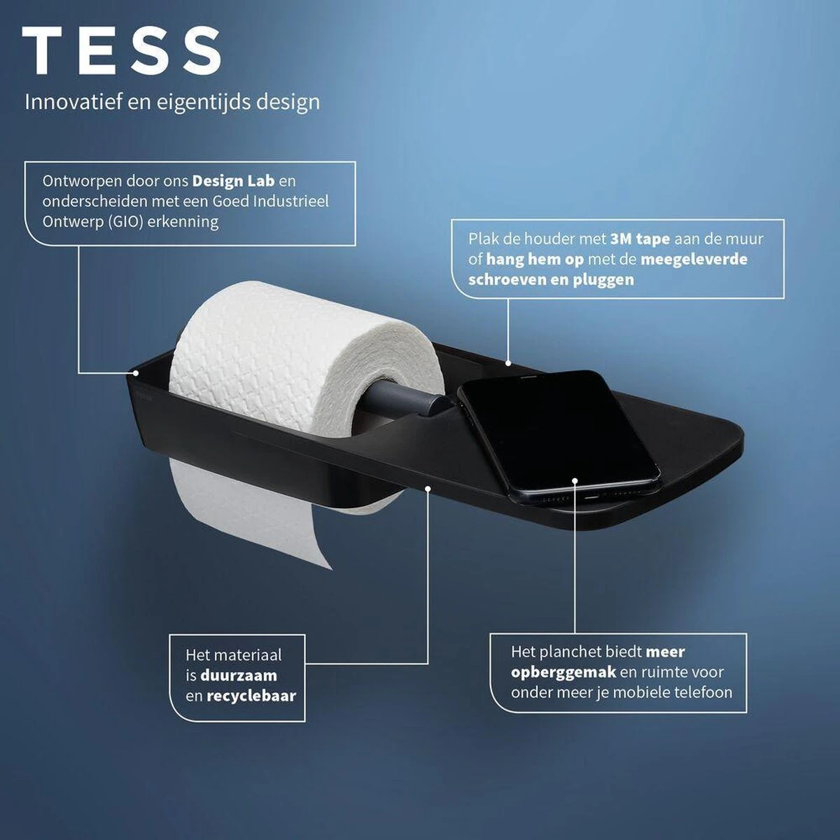 Tiger Tess - Toiletrolhouder Met Planchet - 32,1 Cm - Zwart / Antraciet - Afbeelding 7