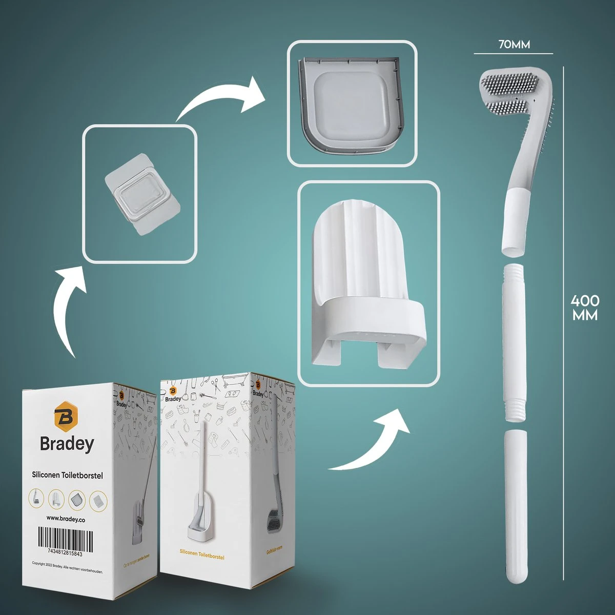 Bradey Toiletborstel Siliconen - WC Borstel Met Houder - Optimale Hygiëne - Golfclub-vorm - Komt In Alle Hoeken - Afbeelding 11