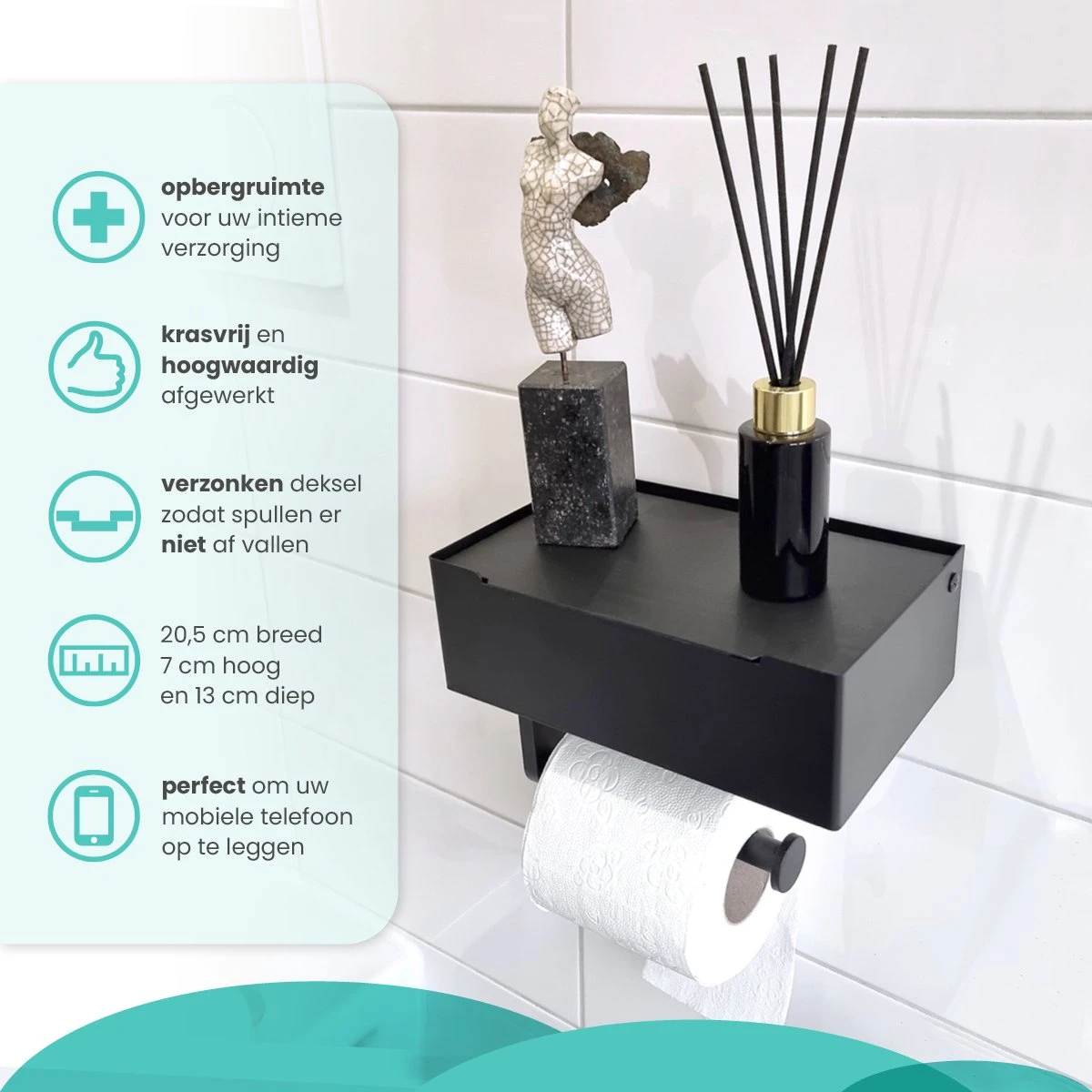 Toiletrolhouder Met Bakje – WC Rolhouder Zwart - Toiletrolhouder Met Extra Opbergruimte - Afbeelding 2