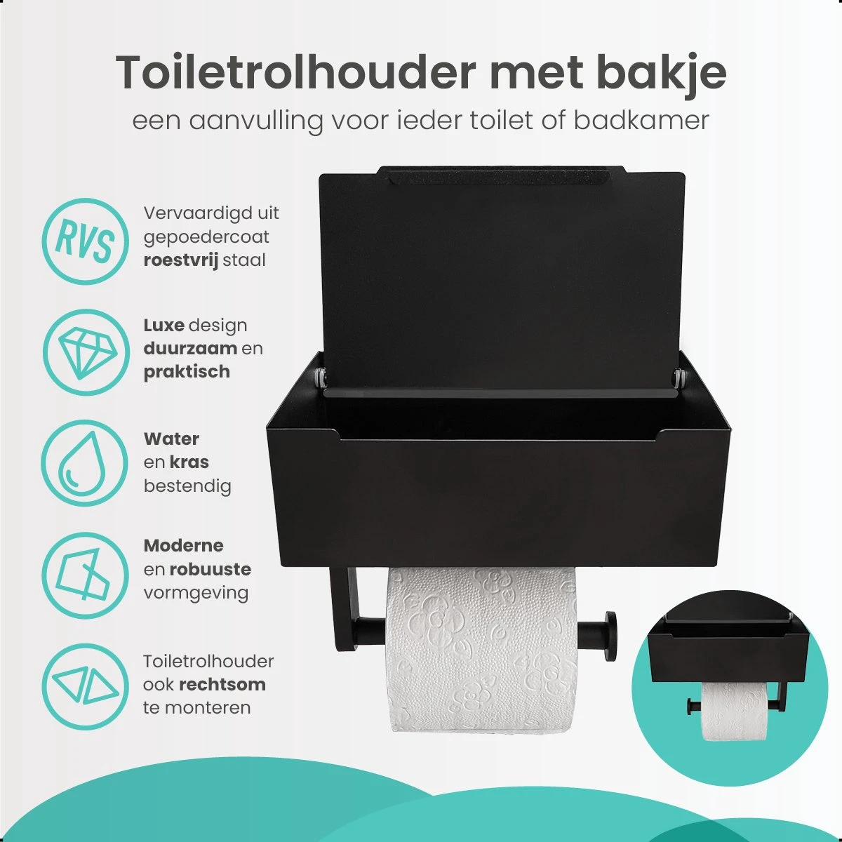 Toiletrolhouder Met Bakje – WC Rolhouder Zwart - Toiletrolhouder Met Extra Opbergruimte - Afbeelding 3