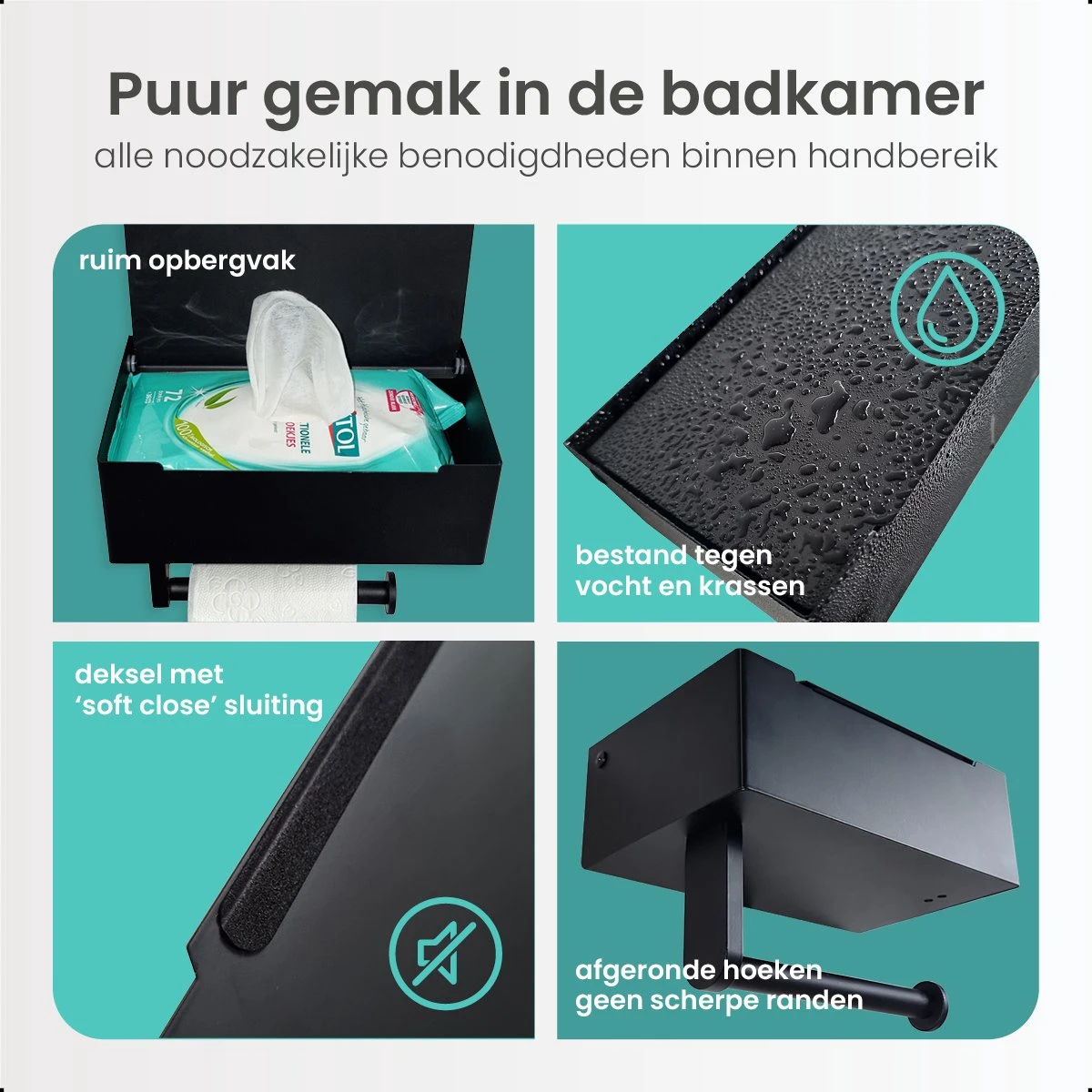 Toiletrolhouder Met Bakje – WC Rolhouder Zwart - Toiletrolhouder Met Extra Opbergruimte - Afbeelding 4