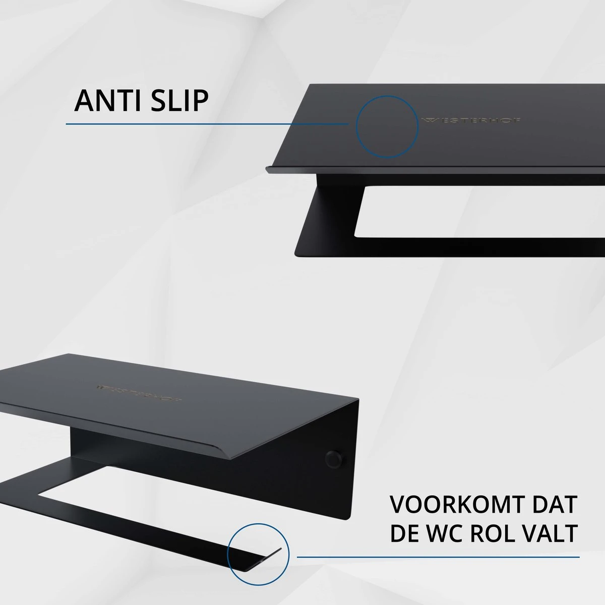 Westerhof Premium Wc Rolhouder Zwart Zonder Boren - Met Plankje - 3M Plakstrip En Schroef Set - Afbeelding 4