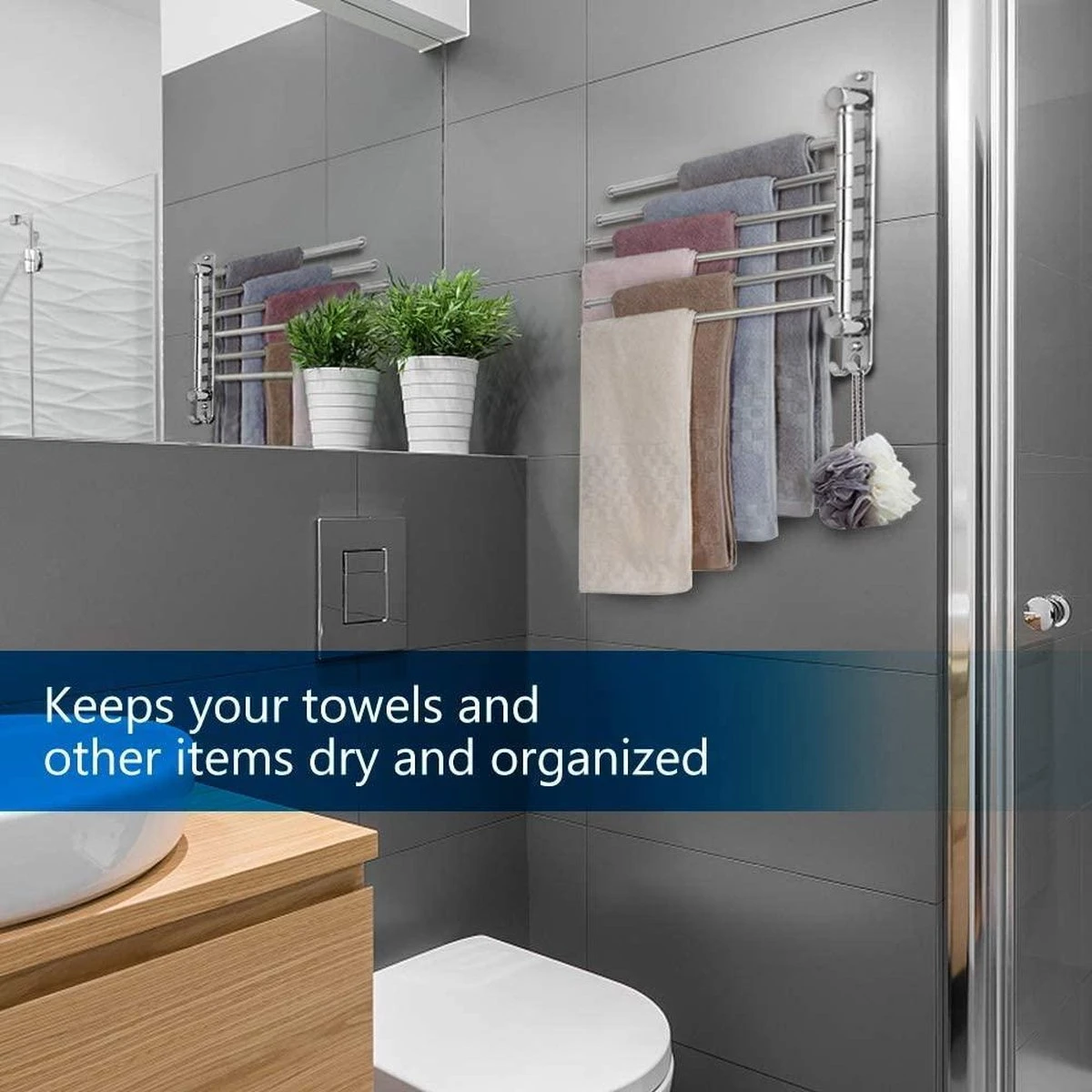 Handdokenrek Badkamer - Handdoekhouder RVS 180° Draaibare Badhanddoekhouder Met 6 Armen Zwenkarm Handdoekenrek Wandmontage Met Haken Badkamerhanddoekhouders Voor Badkamer, Keuken En Kledingkast - (WK 02123) - Afbeelding 5